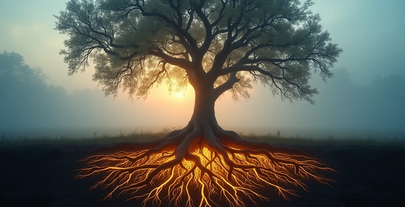 Arbre avec racines lumineuses représentant la transformation des émotions profondes