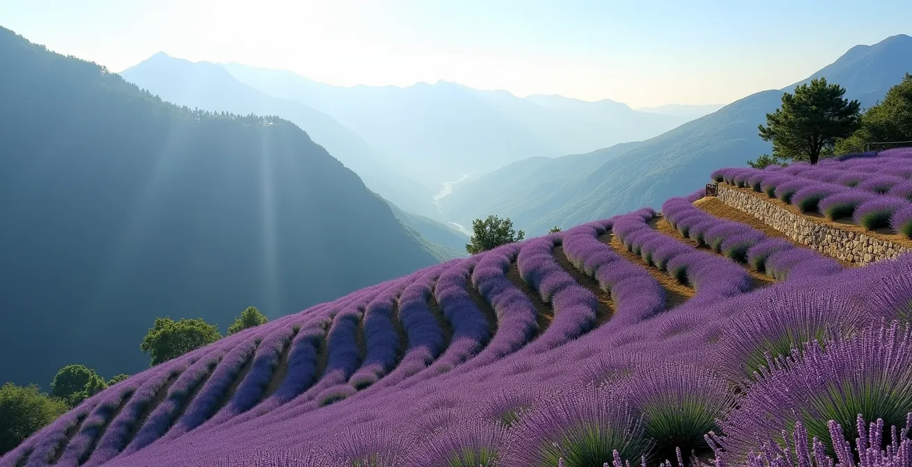 Champs de lavande en terrasses sur les pentes des Alpes de Haute-Provence