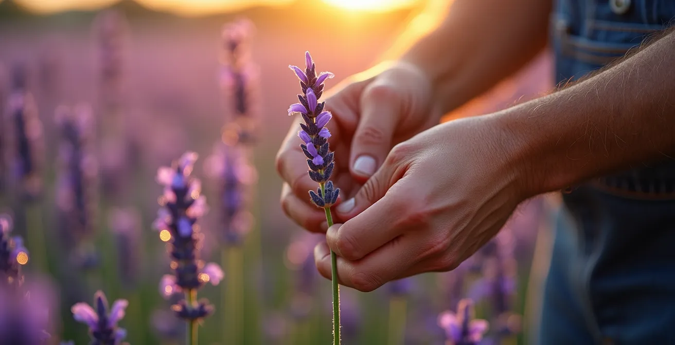 Mains cueillant délicatement de la lavande couverte de rosée matinale