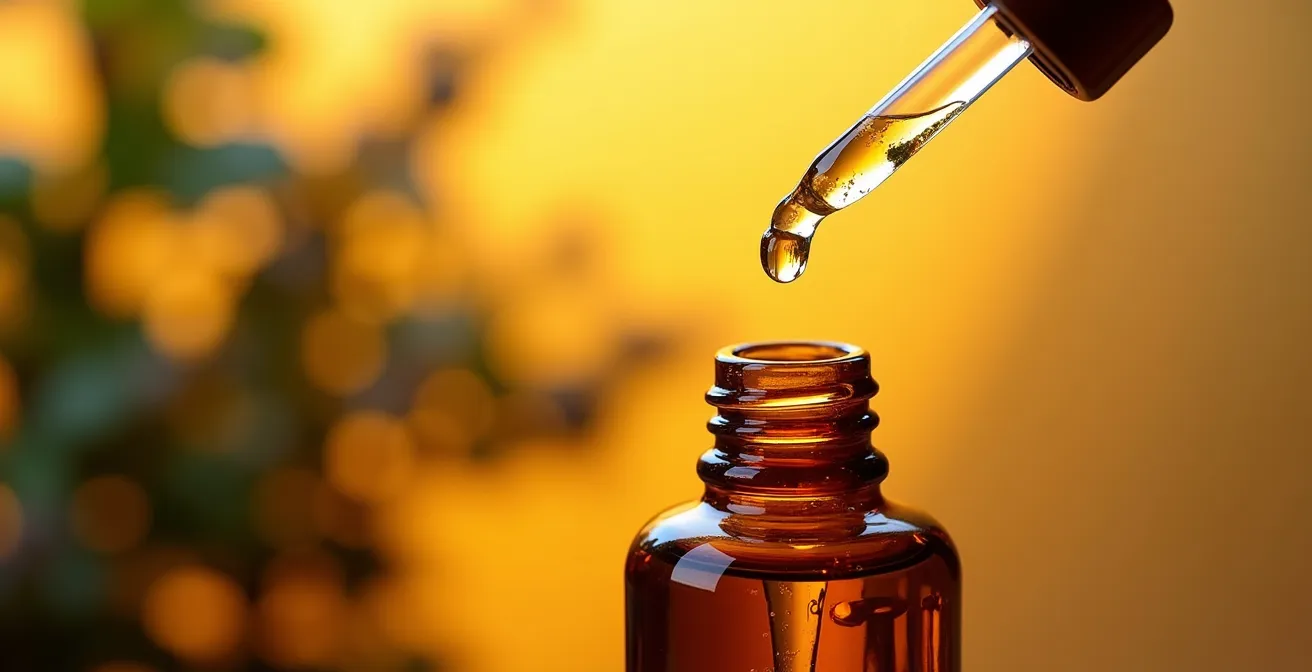Compte-gouttes versant un élixir doré dans un flacon ambré