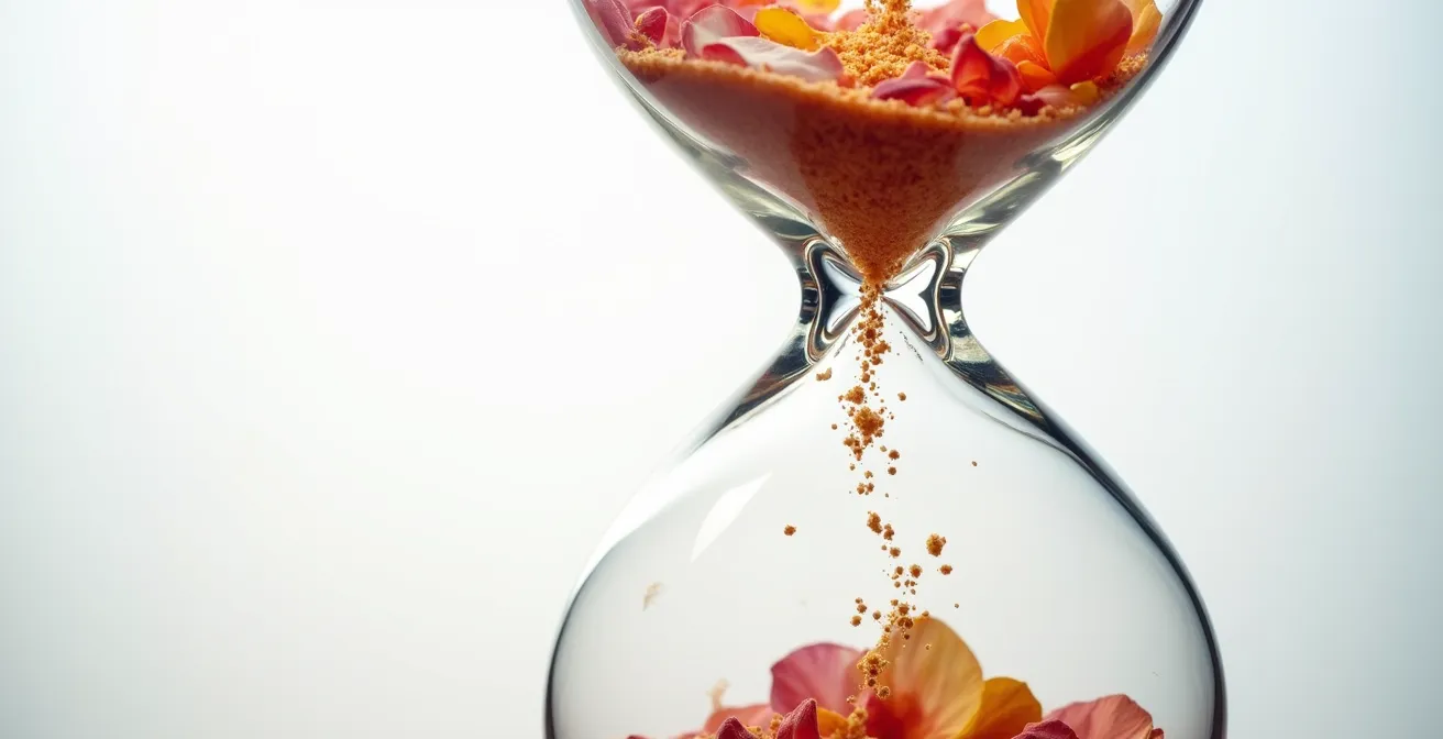 Sablier rempli de pétales de fleurs illustrant la transformation émotionnelle dans le temps