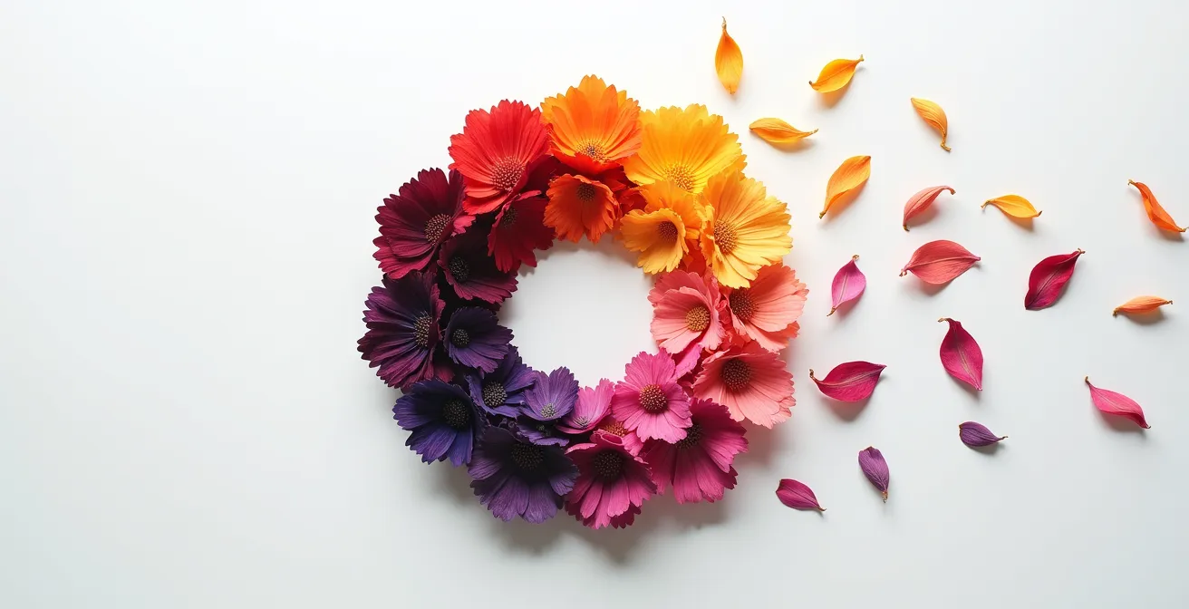 Spirale de pétales montrant une progression graduelle du sombre vers le lumineux