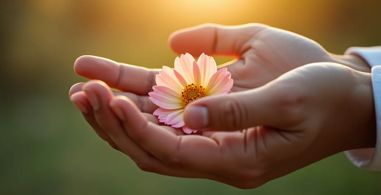 Deux mains se rejoignant délicatement avec une fleur entre elles