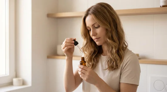 Femme de 30 ans appliquant quelques gouttes de sérum capillaire transparent (squalane) sur ses cheveux mi-longs dans une salle de bain contemporaine française, lumière naturelle douce, geste de soin capillaire naturel.