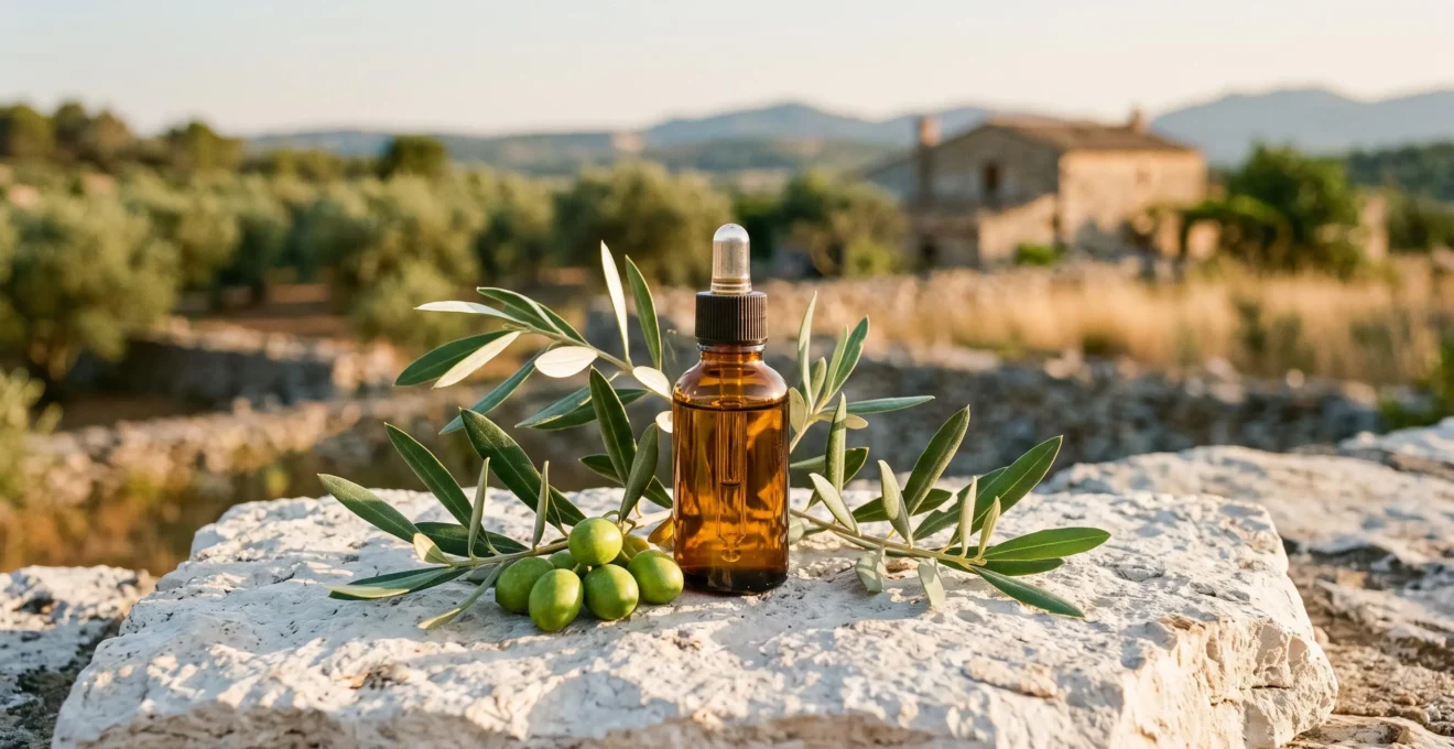 Flacon pipette de sérum capillaire au squalane posé sur pierre calcaire blanche, entouré d'olives vertes fraîches et de feuillage d'olivier, lumière méditerranéenne dorée, nature morte éditoriale clean.