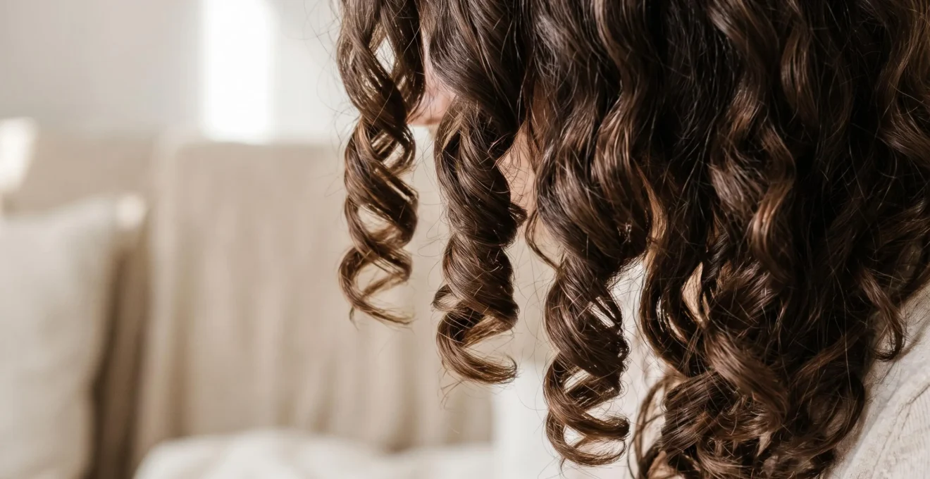 Gros plan sur cheveux bouclés type 3A châtain foncé bien définis, brillants et sans frisottis, texture soyeuse et hydratée après soin au squalane, lumière naturelle douce.